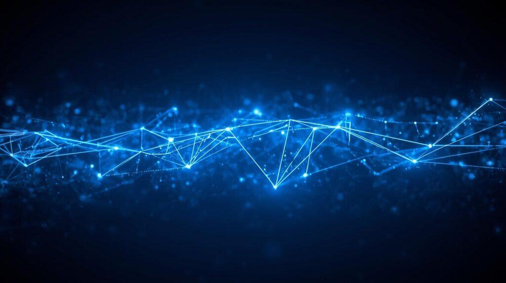 Hochwertiges Bild einer digitalen Netzwerkstruktur mit leuchtenden Verbindungen in Blau, passend zur Digitalisierung und Technologie.