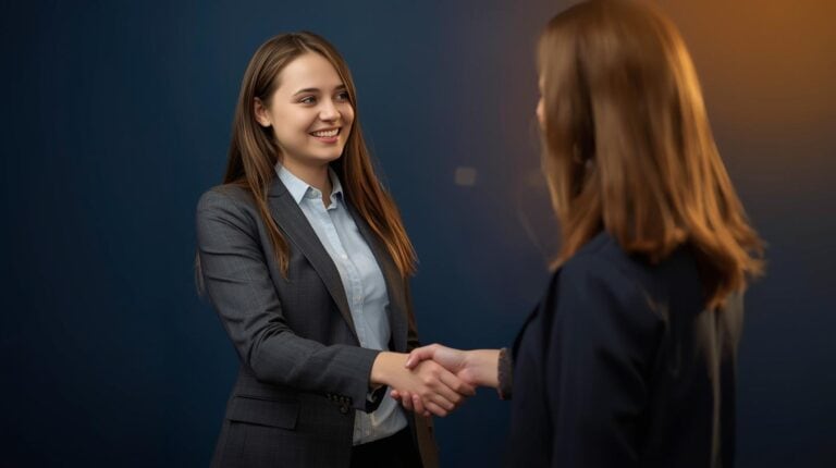 Alt: Zwei junge Frauen im Business-Gefühl beim Händeschütteln, moderne Atmosphäre.