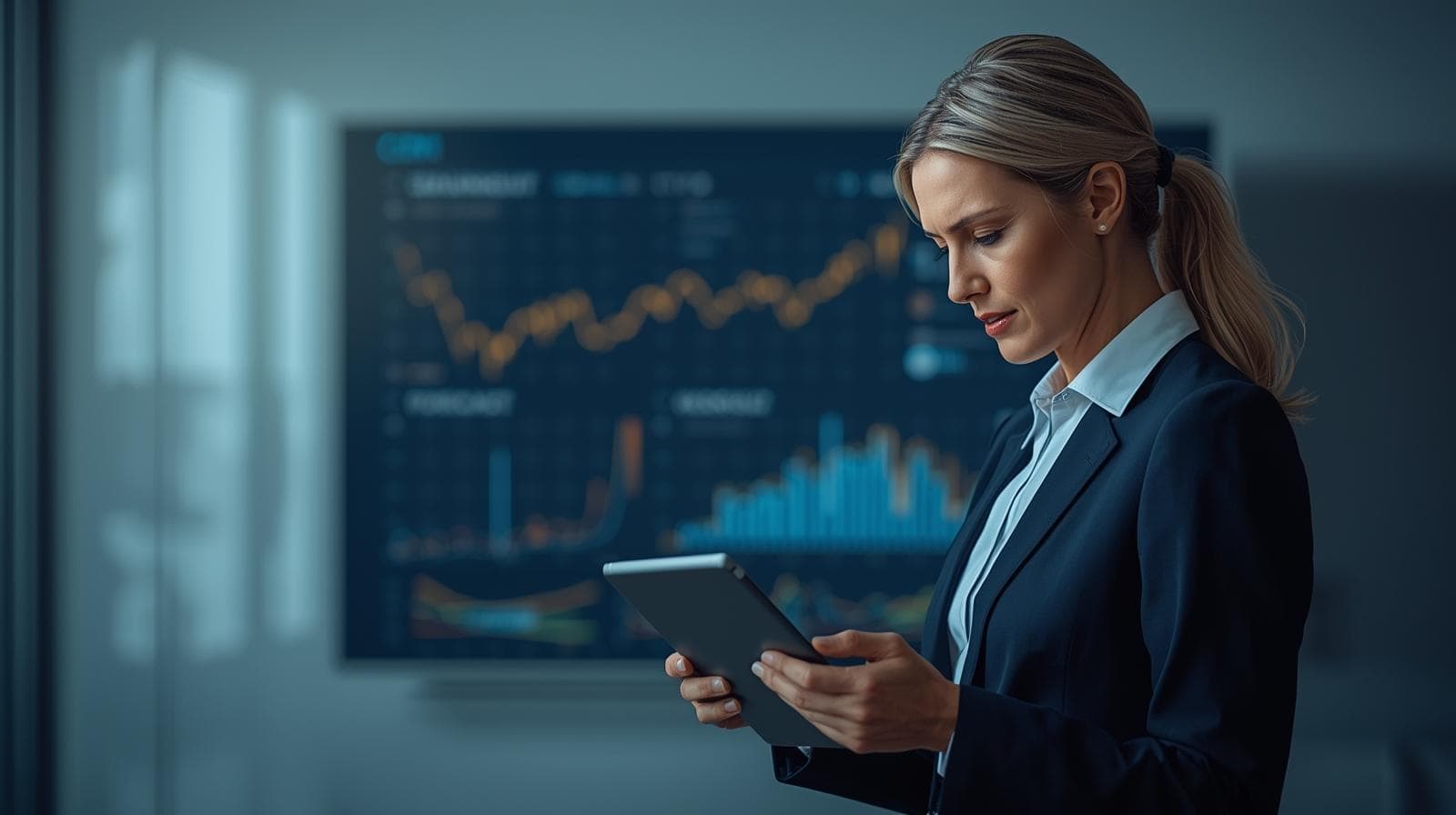 Business-Leiter analysiert Sales-Daten und CRM-Pipeline auf einem Tablet vor einem Dashboard mit Forecast- und Vertriebskennzahlen