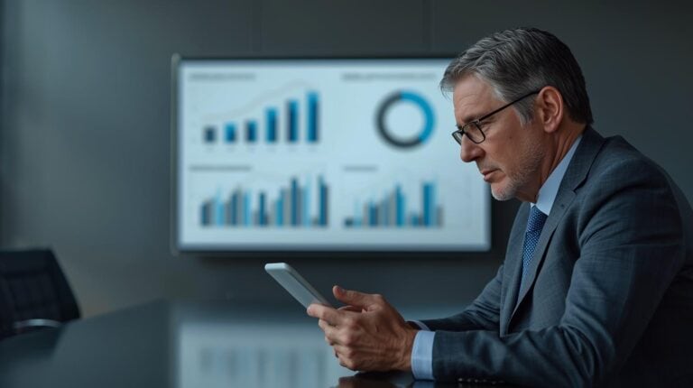 Führungskraft analysiert Sales-Forecast-Daten auf einem Tablet vor einem Dashboard mit Vertriebskennzahlen im Konferenzraum