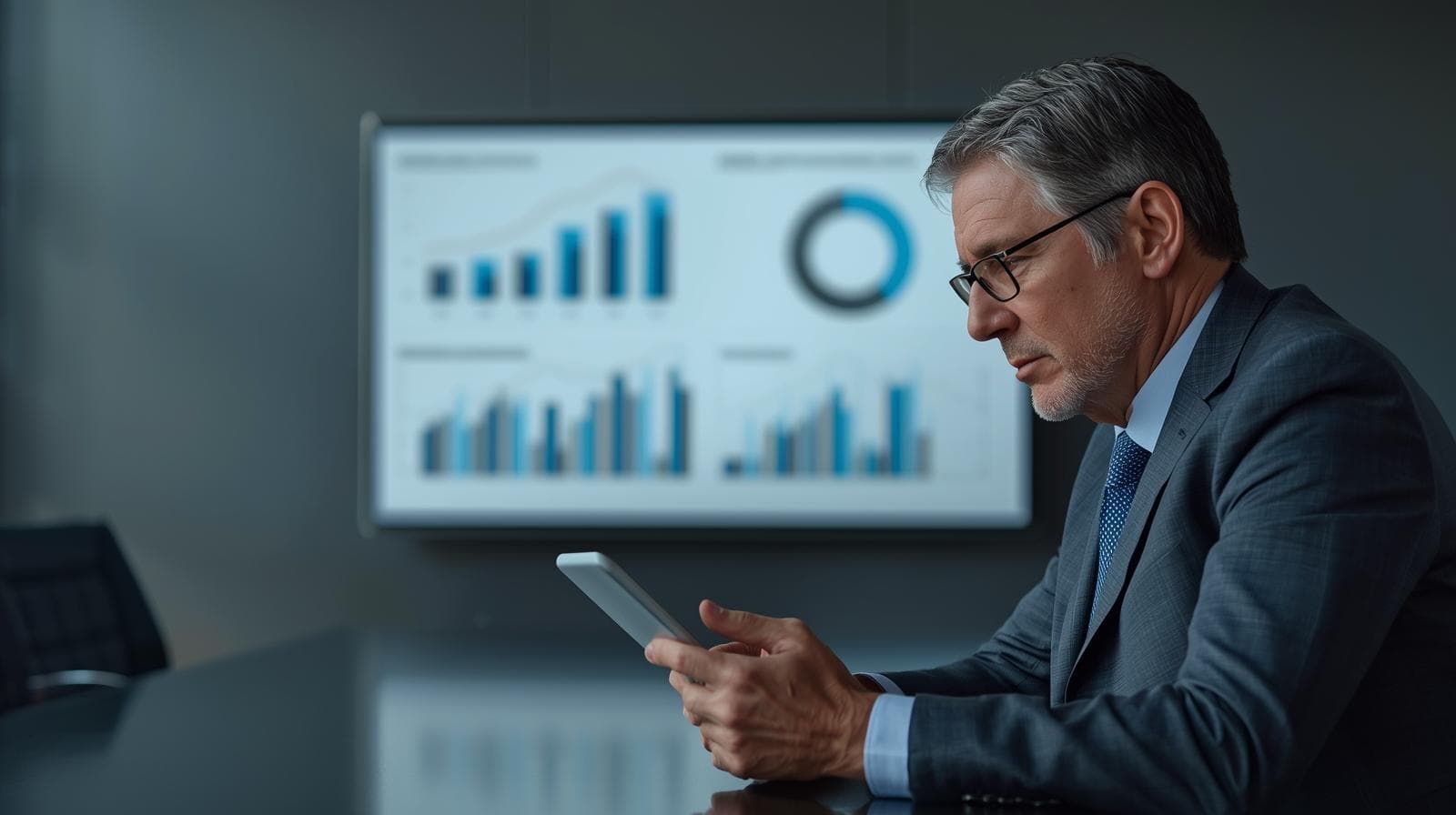 Führungskraft analysiert Sales-Forecast-Daten auf einem Tablet vor einem Dashboard mit Vertriebskennzahlen im Konferenzraum