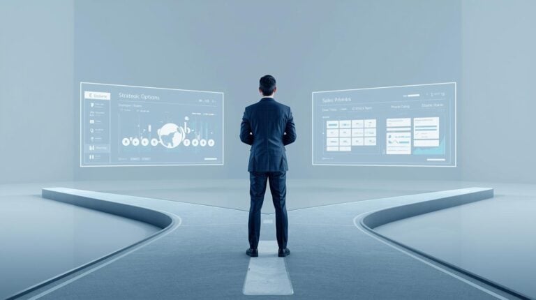 Geschäftsführer vergleicht interne und externe Sales-Operations-Optionen auf einem digitalen Dashboard